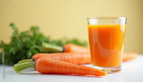 A glass of carrot juice next to carrots.