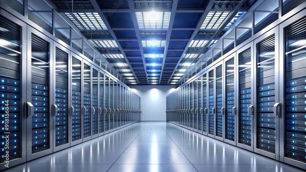 A Glimpse into the Heart of the Digital World: A Modern Data Center with Server Racks in a Clean and Minimalist Setting Generative AI A Glimpse into the Heart of the Digital World: A Modern Data Center with Server Racks in a Clean and Minimalist Setting Generative AI