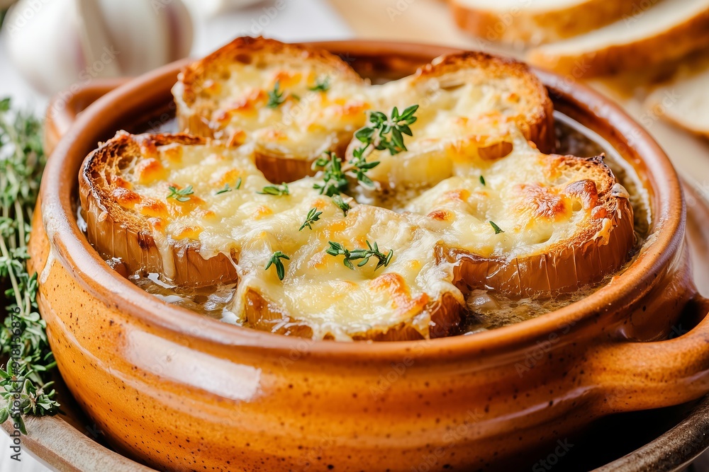 bowl of rich French onion soup with caramelized onions and topped with crispy, cheesy baguette slices, garnished with fresh thyme bowl of rich French onion soup with caramelized onions and topped with crispy, cheesy baguette slices, garnished with fresh thyme