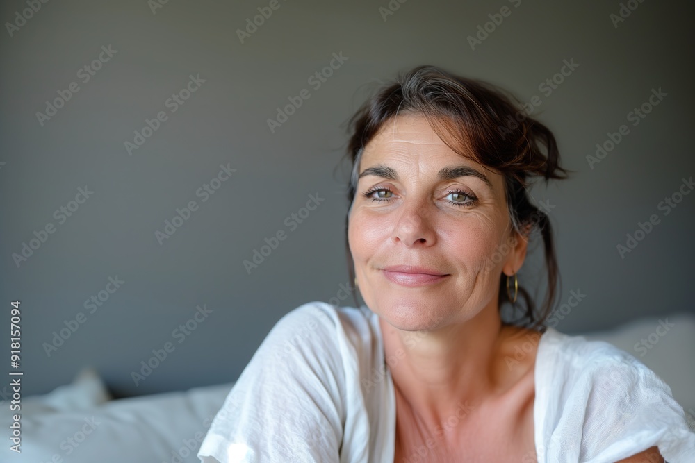 A woman in her forties smiles gently, sharing her experience with menopause. A woman in her forties smiles gently, sharing her experience with menopause.