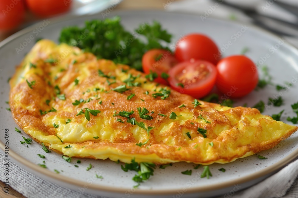 A fluffy omelette topped with herbs, accompanied by fresh tomatoes on a plate. A fluffy omelette topped with herbs, accompanied by fresh tomatoes on a plate.