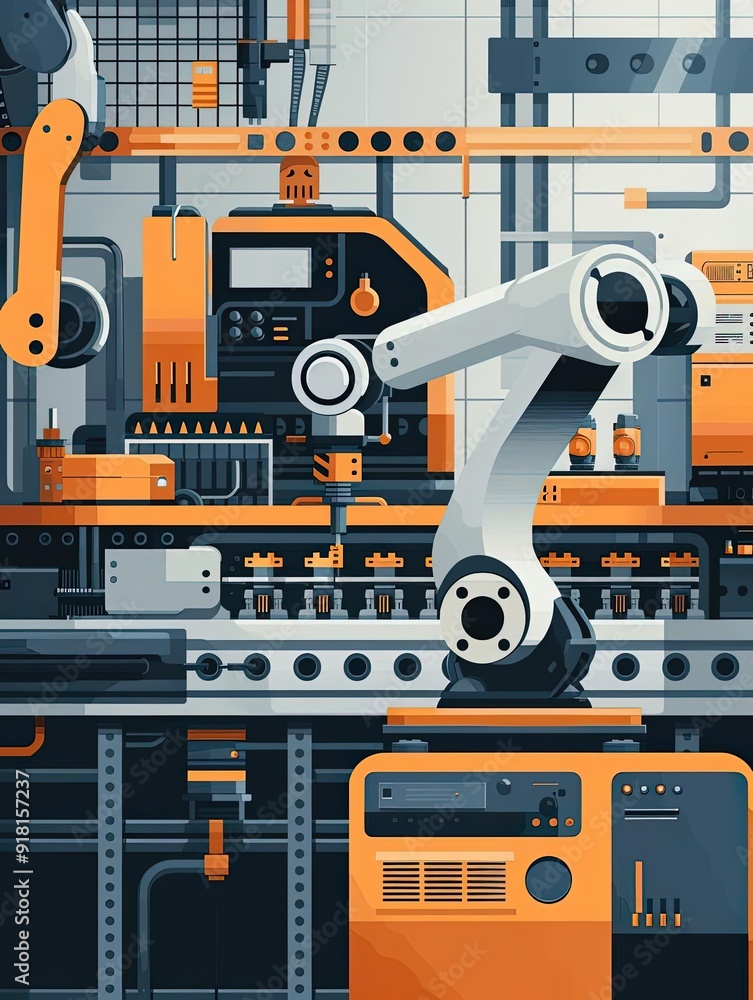 Robotics workshop, innovative machines, flat design illustration Robotics workshop, innovative machines, flat design illustration