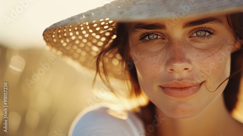 Young Woman With Straw Hat and Sunshine Shadows on Face at Beach