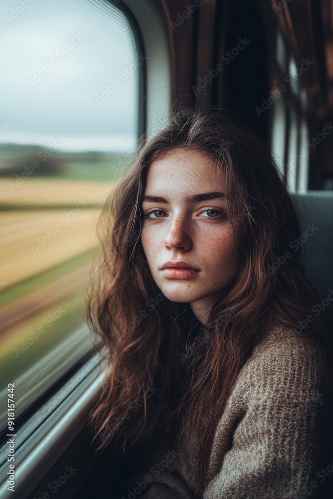 A closeup view of a female traveller with casual attire sitting on a window seat on a moving train, with blurred countryside landscapes passing by. A closeup view of a female traveller with casual attire sitting on a window seat on a moving train, with blurred countryside landscapes passing by.