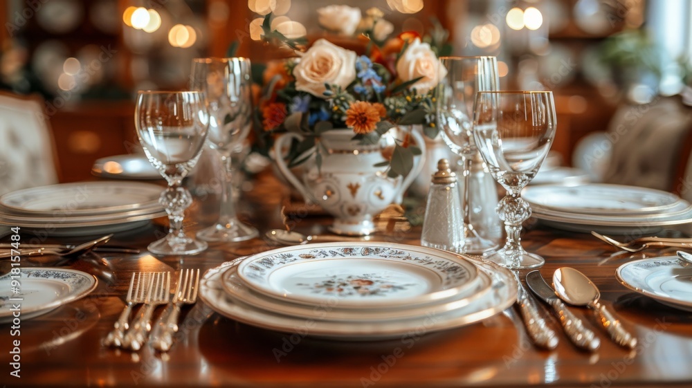An elegant dining table setting with crystal glassware An elegant dining table setting with crystal glassware