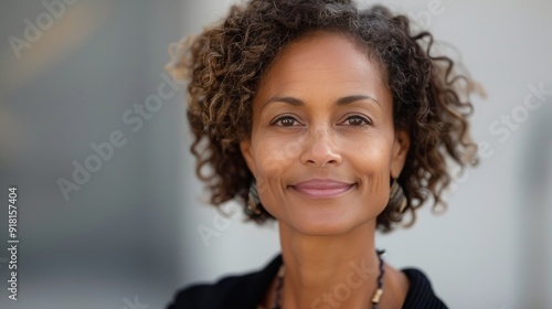 Portrait of Smiling Woman With Curly Hair Outdoors in Natural Light