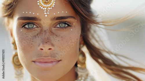 Young Woman With Intricate Face Jewelry Posing Outdoors During Golden Hour