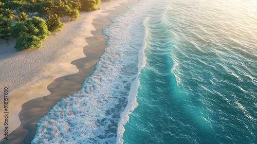 Aerial view of beautiful tropical beach with turquoise water and palm trees at sunset, caribbean vacation background concept