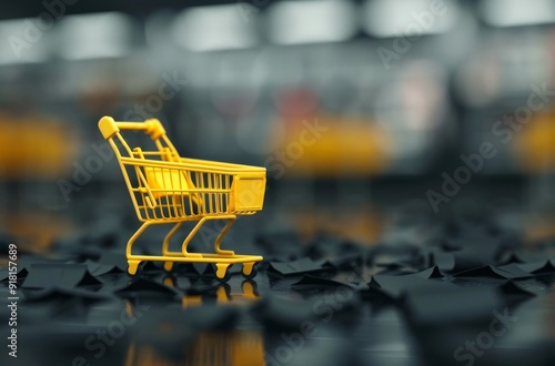 Small Yellow Shopping Cart on Black Surface in a Retail Environment