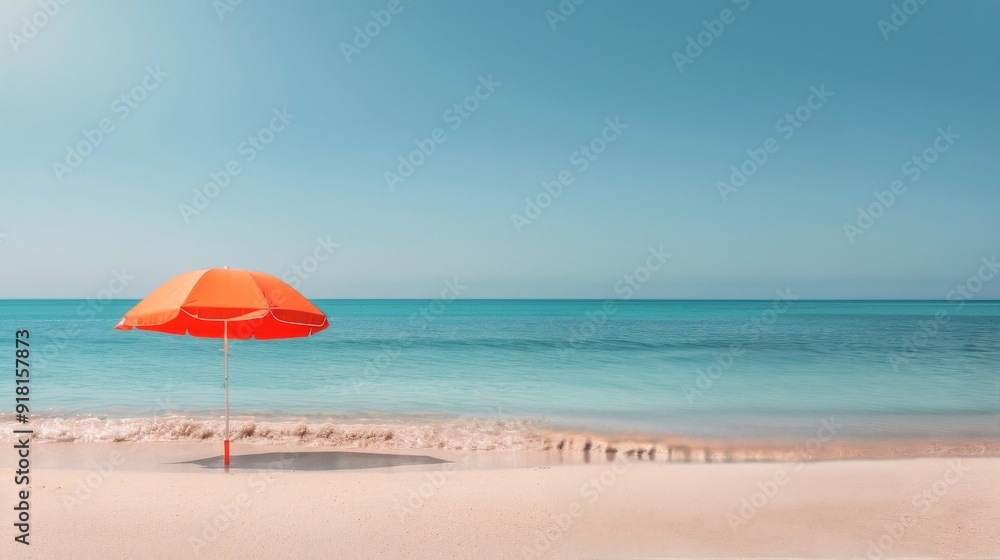 Orange Umbrella on Sandy Beach by the Calm Ocean Under Clear Sky Orange Umbrella on Sandy Beach by the Calm Ocean Under Clear Sky