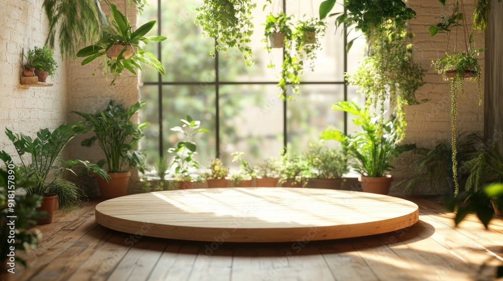 Wooden Platform in a Sunlit Greenery Room Wooden Platform in a Sunlit Greenery Room