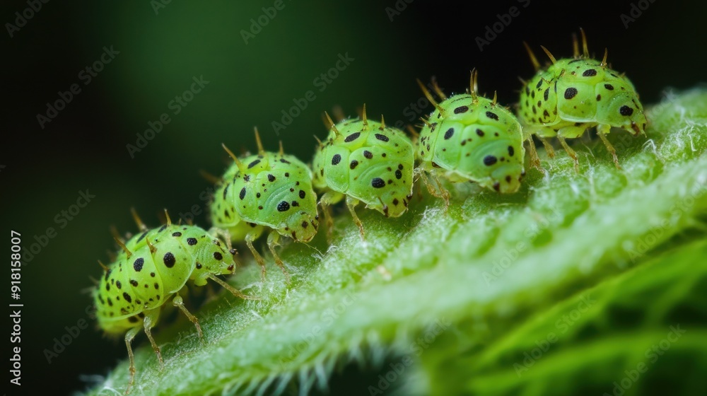 Fototapeta premium Green Spiky Bugs Crawling on a Leaf
