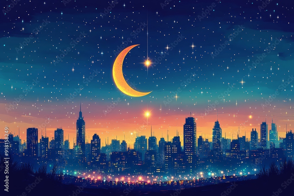 Crescent Moon and Star Urban Twilight Islam Religion Spiritual Symbol - Generative AI Crescent Moon and Star Urban Twilight Islam Religion Spiritual Symbol - Generative AI