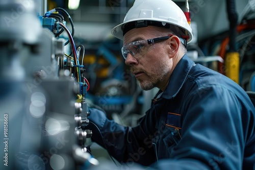 Technician performing a safety check on machinery, equipment safety, maintenance protocols