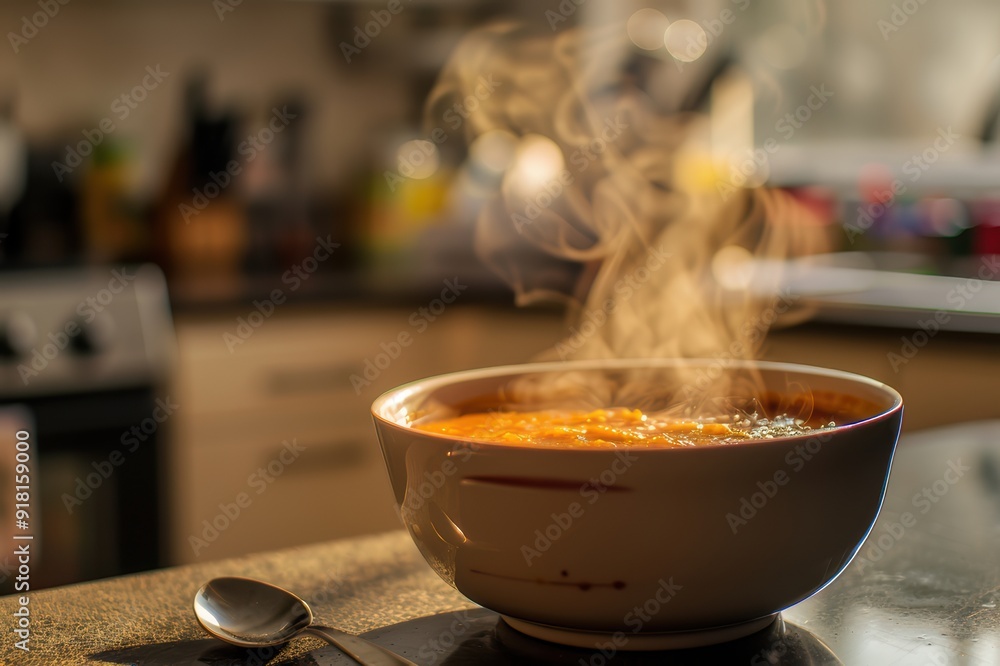 A steaming bowl of soup on a kitchen counter A steaming bowl of soup on a kitchen counter