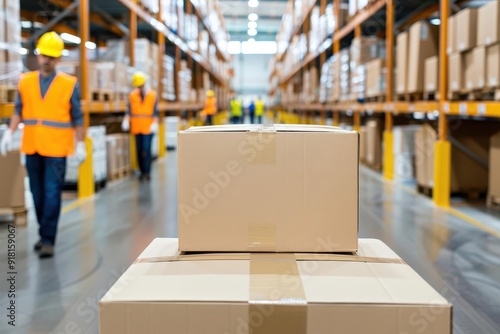 Workers in high-visibility vests and helmets in a warehouse with stacks of cardboard boxes and shelves full of inventory.