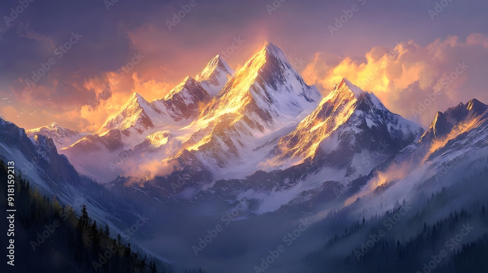 3. A majestic mountain range with a sunrise casting golden light on snow-capped peaks 3. A majestic mountain range with a sunrise casting golden light on snow-capped peaks