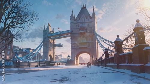 A snowy day in London with the Tower Bridge in the background. The bridge is illuminated by the sun, and there are two people walking on the snowy street in the foreground.