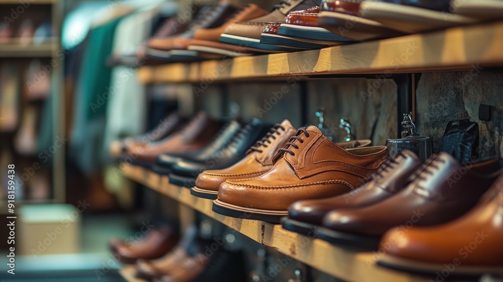 Brown Leather Shoes on Wooden Shelves Brown Leather Shoes on Wooden Shelves
