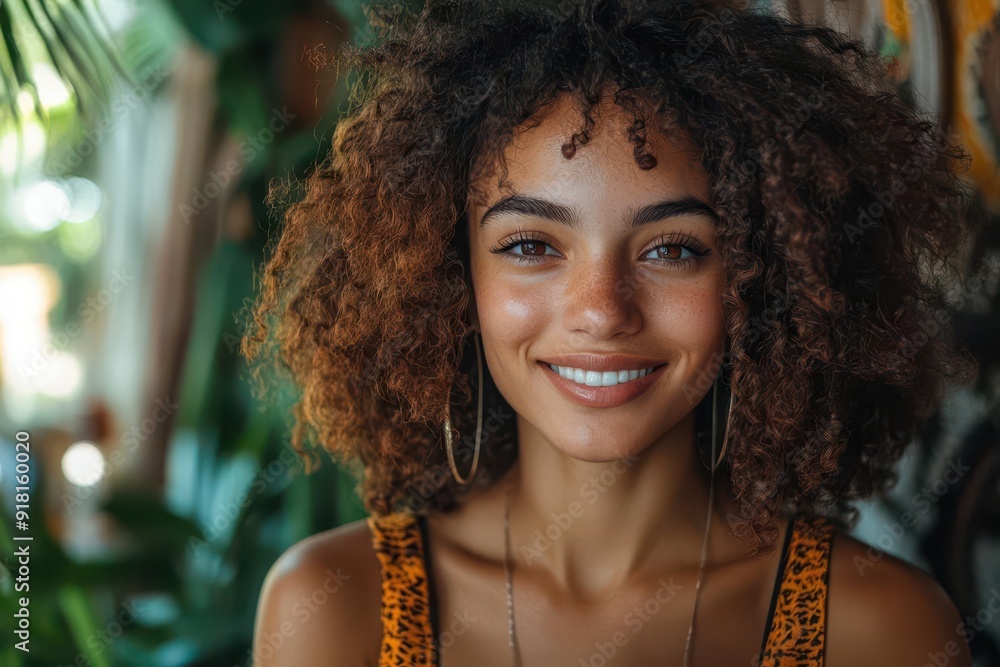 young woman with a radiant smile video conferencing on a laptop in a sundrenched home office filled with lush plants and modern decor young woman with a radiant smile video conferencing on a laptop in a sundrenched home office filled with lush plants and modern decor