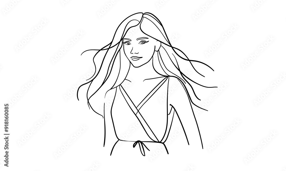 Girl with long hair in dress continuous line art drawing isolated on white background. Hair vodel. Vector illustration Girl with long hair in dress continuous line art drawing isolated on white background. Hair vodel. Vector illustration