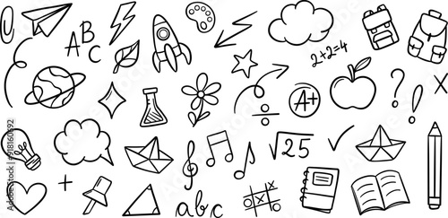 School doodles, back to school hand drawn clip art elements, vector illustration set