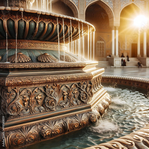 orientalischer Brunnen reich verziert mit Ornamenten fließendem Wasser in einer Umgebung, wie ein Palast im warmen Licht der goldenen Stunde mit Sonnenstrahlen Orient Indien Maharadscha  photo