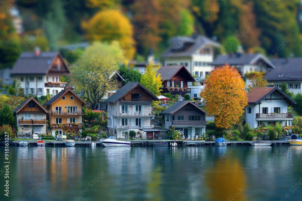 A serene lakeside village with tiny houses and boats, viewed through the tilt-shift effect. A serene lakeside village with tiny houses and boats, viewed through the tilt-shift effect.