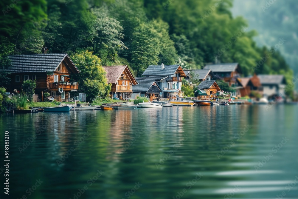 A serene lakeside village with tiny houses and boats, viewed through the tilt-shift effect. A serene lakeside village with tiny houses and boats, viewed through the tilt-shift effect.