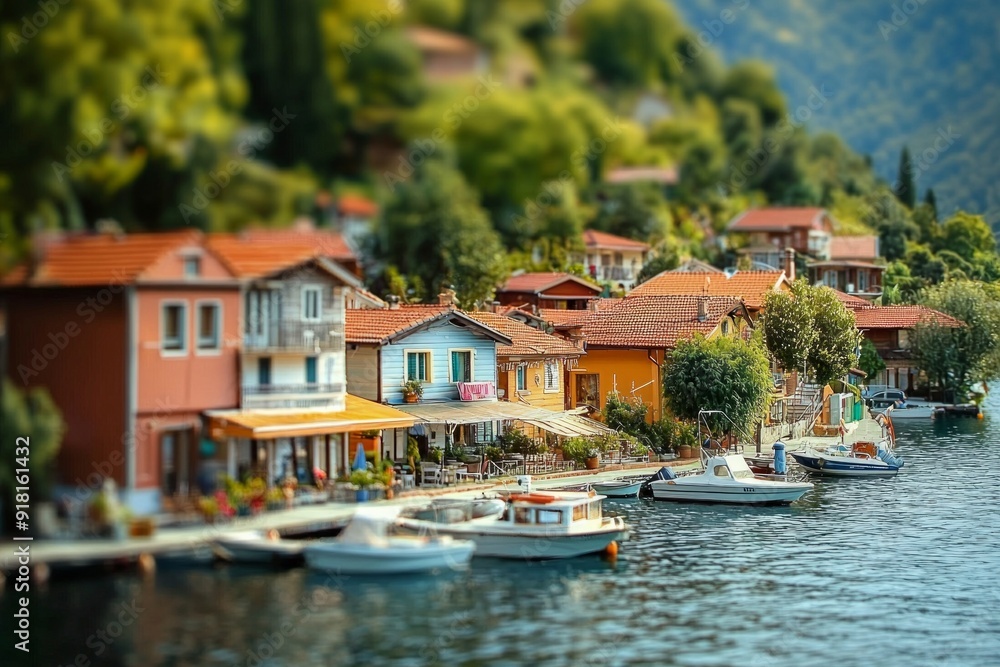 A serene lakeside village with tiny houses and boats, viewed through the tilt-shift effect. A serene lakeside village with tiny houses and boats, viewed through the tilt-shift effect.