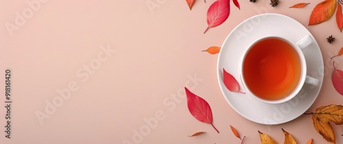 Warm Cup of Tea Surrounded by Autumn Leaves and Berries on a Soft Background