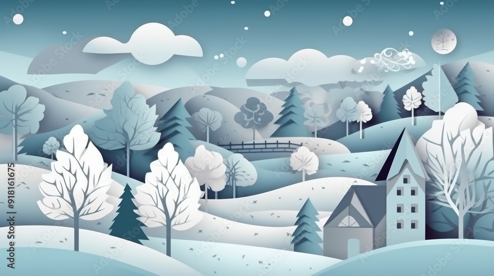 Obraz premium A winter scene with a house and trees in the background