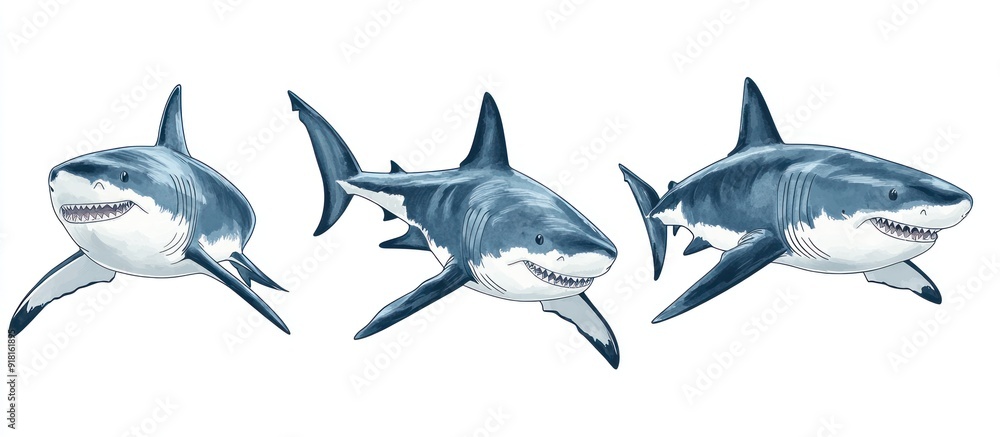 Three Great White Sharks Watercolor Illustration Three Great White Sharks Watercolor Illustration