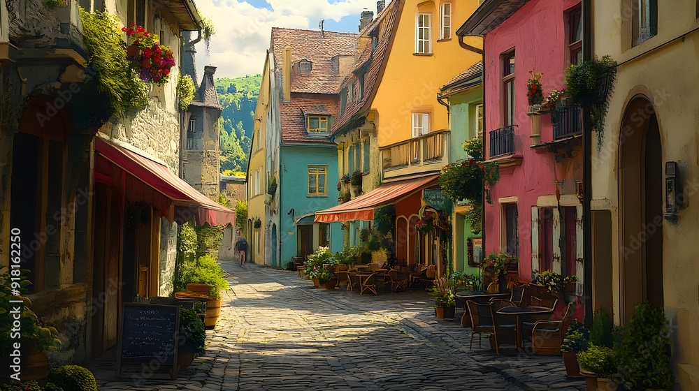 Obraz premium 21. A charming European street scene with colorful buildings, quaint cafes, and cobblestone streets
