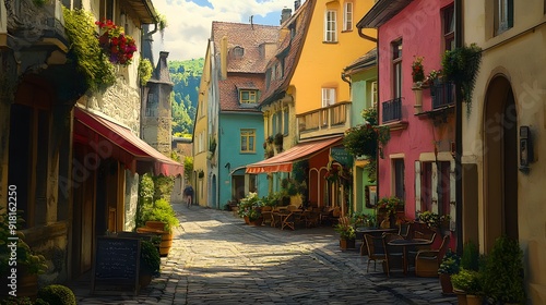 21. A charming European street scene with colorful buildings, quaint cafes, and cobblestone streets