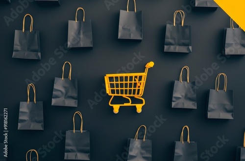 Small Yellow Shopping Cart on Black Surface in a Retail Environment