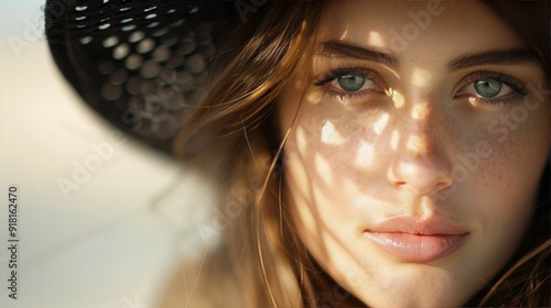 Young Woman With Straw Hat and Sunshine Shadows on Face at Beach