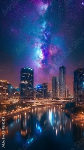 A vibrant city skyline at night, skyscrapers reflecting off a river below, with the Milky Way arching above in a stunning blend of urban glow and cosmic wonder."