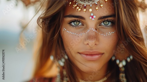 Young Woman With Intricate Face Jewelry Posing Outdoors During Golden Hour