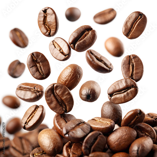 Flying and Falling Fresh Coffee Beans, Isolated on White Background, Ideal for Coffee Advertising and Design Concepts