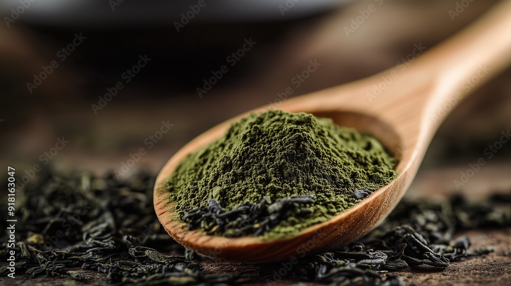 Green tea powder on wooden spoon Green tea powder on wooden spoon