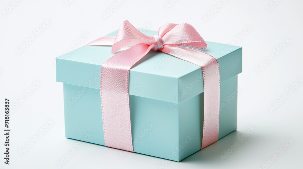 Pastel Baby Blue Gift Box with Light Pink Ribbon on Minimalist White Background, Perfect for Baby Shower or Gift Ideas Generative AI Pastel Baby Blue Gift Box with Light Pink Ribbon on Minimalist White Background, Perfect for Baby Shower or Gift Ideas Generative AI