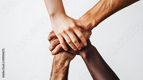 A photo of multiple hands from different ethnicities, each holding the other's hand in a stack on top of one another against a white background. The hands are arranged in the style of holding