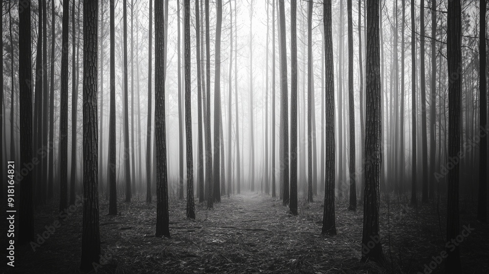 Fototapeta premium black and white forest landscape, monochrome picture of forest background