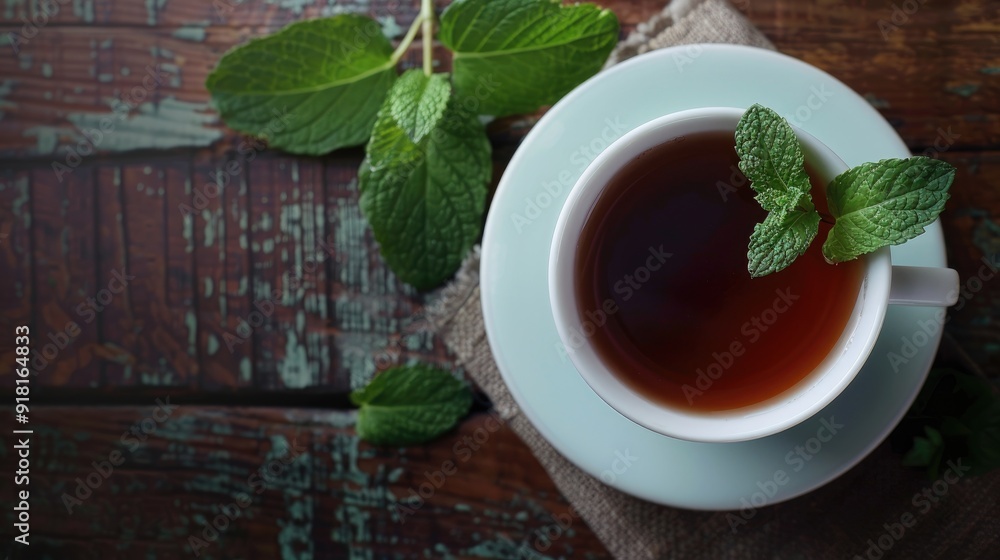 Porcelain white Chinese cup of black tea and saucer with mint on vintage table background. Top view. Porcelain white Chinese cup of black tea and saucer with mint on vintage table background. Top view.