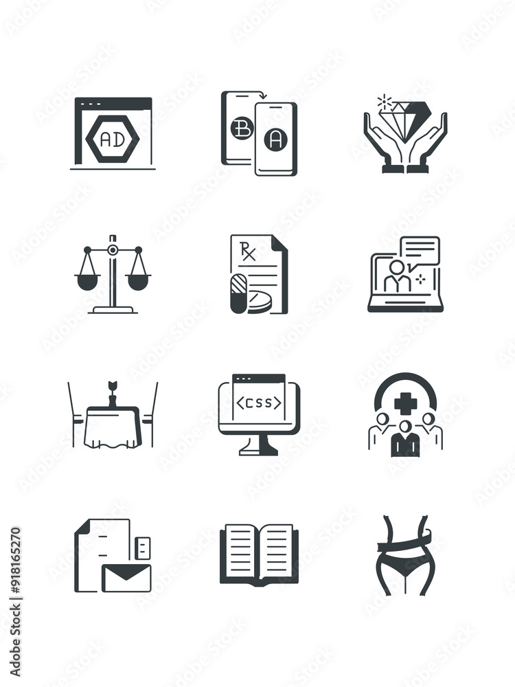 Prescription, Scale, Smart learning, Solar panel, Store, Sunny day, Target, Trafic light, Training, Value icon, Value vector illustration Prescription, Scale, Smart learning, Solar panel, Store, Sunny day, Target, Trafic light, Training, Value icon, Value vector illustration