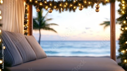 beachside cabana decorated with Christmas lights and elegant ornaments, festive atmosphere with a view of the ocean 