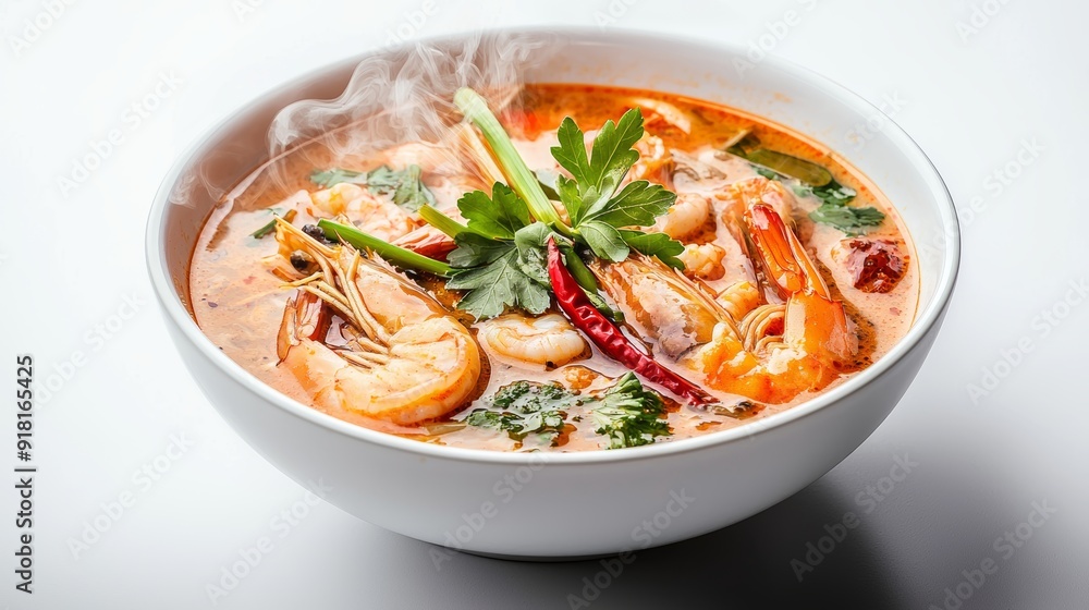 Steaming Bowl of Spicy Tom Yum Goong Soup with Shrimp, Lemongrass, and Chili Generative AI Steaming Bowl of Spicy Tom Yum Goong Soup with Shrimp, Lemongrass, and Chili Generative AI