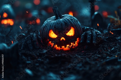 hands emerging from the ground in a cemetery, carved glowing pumpkins, dark, sinister, autumn, photography --ar 3:2 --personalize p7qsqpk --v 6.1 Job ID: 2c13ff30-5191-4bc0-acef-8bba0d78629b photo