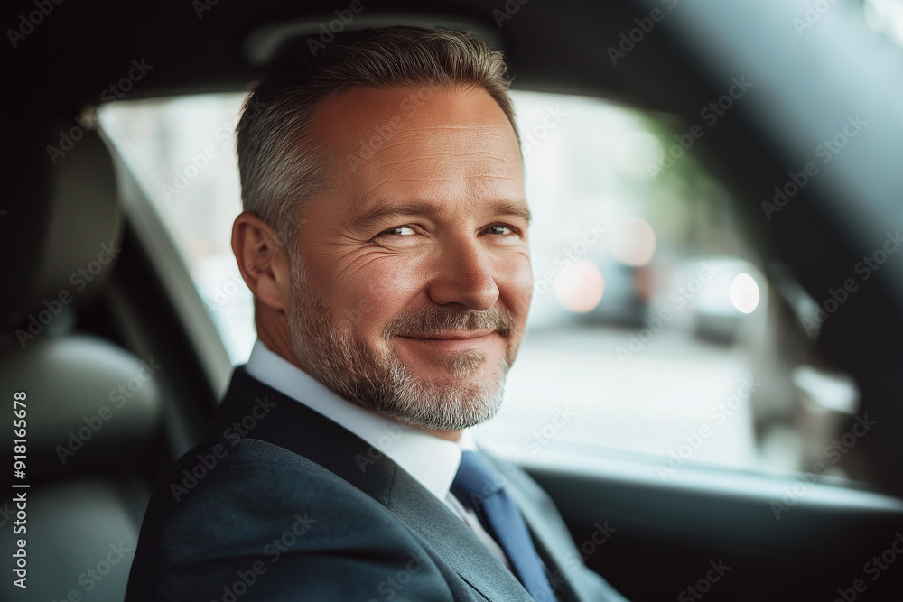 A confident man in a suit sitting in his car, smiling, and looking at the camera, representing success and self-assurance. A confident man in a suit sitting in his car, smiling, and looking at the camera, representing success and self-assurance.